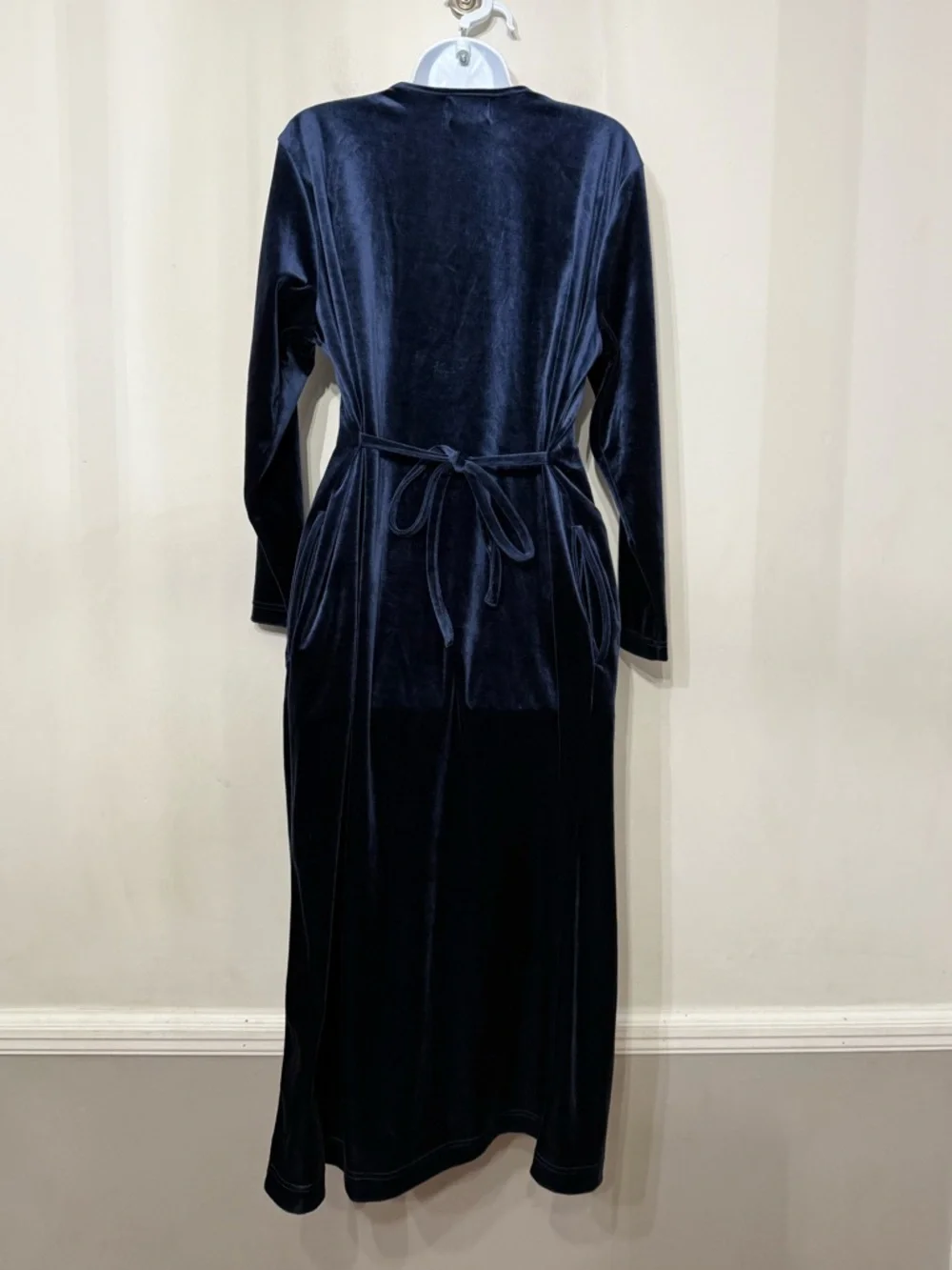 VTG‎ Amanda Stewart Leisurewear Housedress Navy Crushed Velvet Pockets M